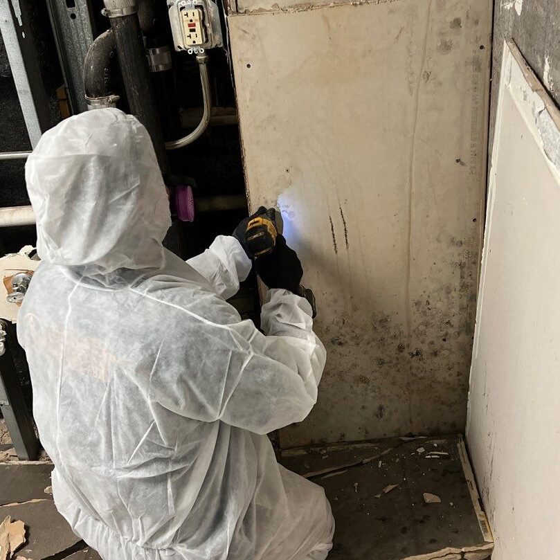 an AES technician removing a moldy piece of drywall in protective suit gloves and goggles